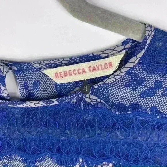 Rebecca Taylor Blue 100% Silk Lace Trim 3/4 Relaxed Fit Shift Dress Sz.2 Goth - Picture 3 of 9